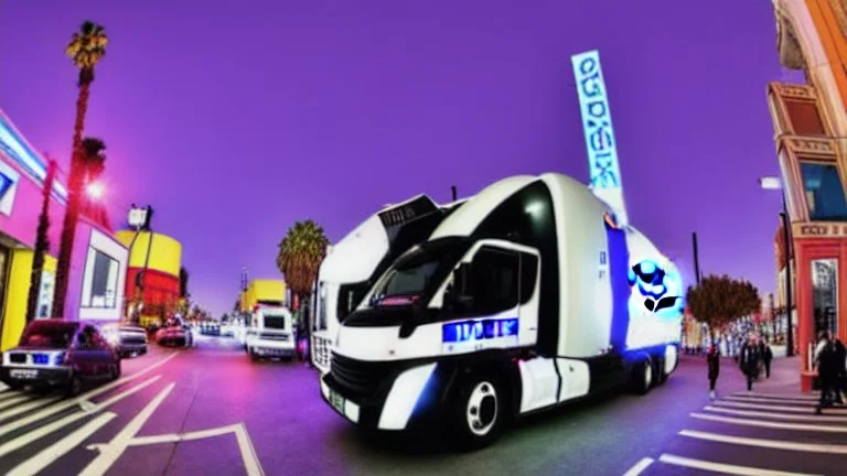 A police Tesla Cybertruck is chasing a Tesla 'Model S Plaid' at top speed, across the 'Universal Studios Hollywood', in Los Angeles. CINEMATIC. WIDE ANGLE LENS.