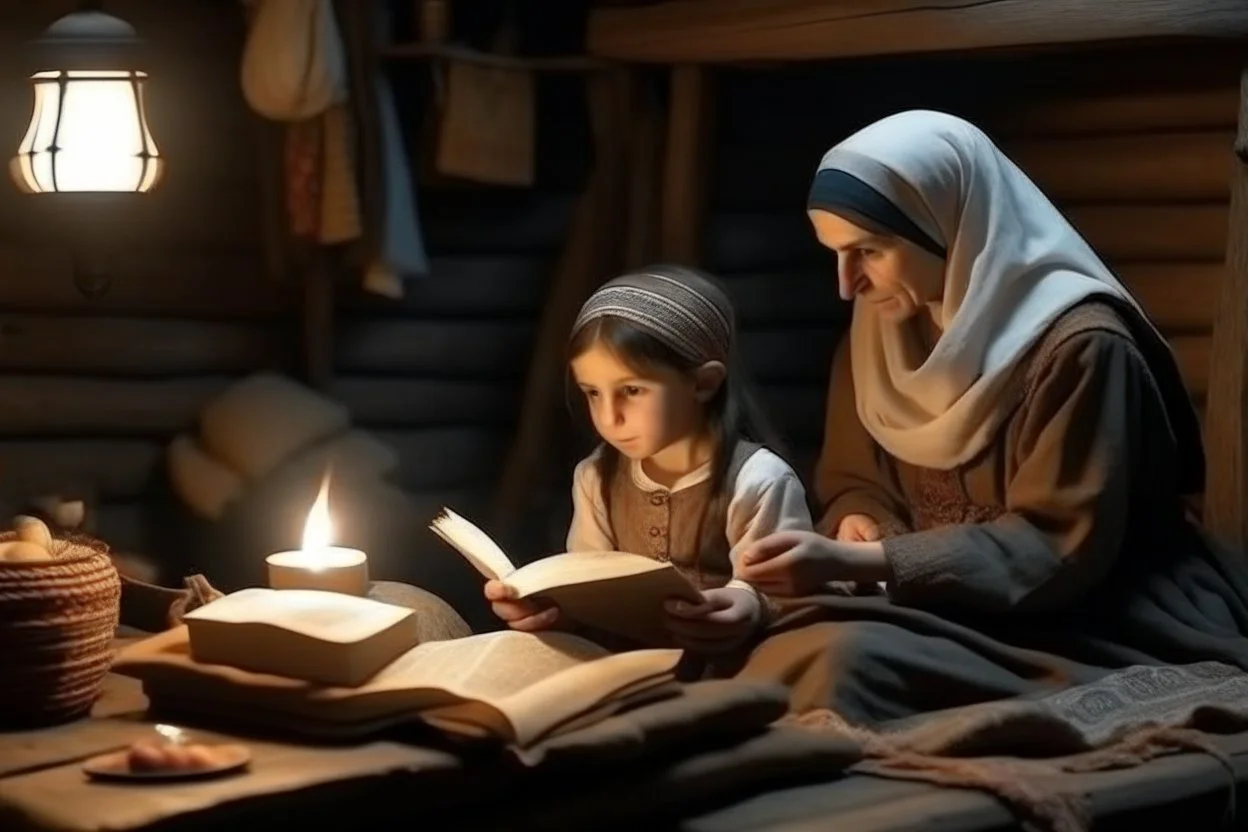 A close-up scene of an Arab mother reading the story from a book with her children around her in the room of the old wooden house near the fireplace 100 years ago.