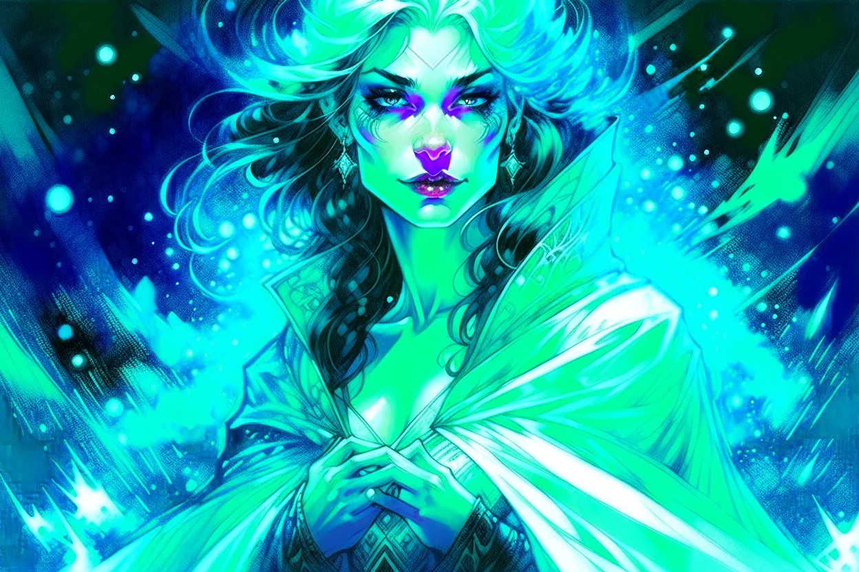 create a highly detailed high fantasy portrait illustration of a sensual sorceress clothed in hoarfrost, amidst a swirling blizzard on the eve of Samhain under the watch of a baleful moon in the graphic novel style of Bill Sienkiewicz, with highly detailed facial features and clothing, otherworldly and ethereal