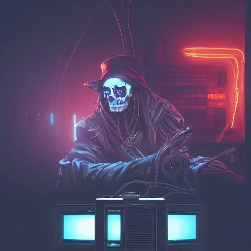 a cyberpunk hacker pirate captain skeleton with a pirate hat sitting in front of a huge old crt monitor in a dark room holding a beer, only light coming from crt monitor, highly detailed, intricate, digital art, trending on artstation, trending on cgsociety, by greg rutkowski