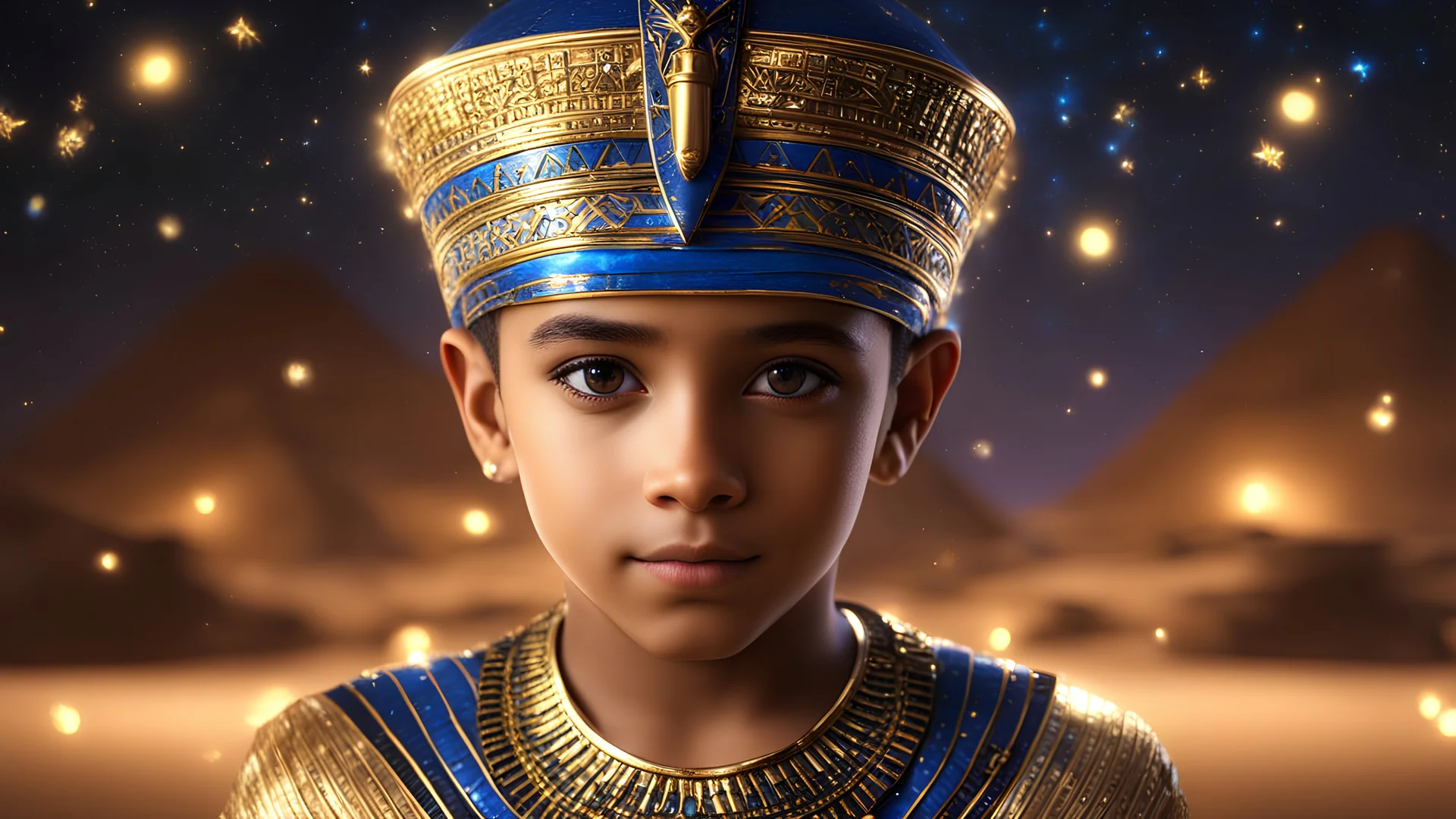 little very young Egyptian boy, handsome, peaceful, gentle, confident, calm, wise, happy, facing camera, head and shoulders, traditional Egyptian costume, perfect eyes, exquisite composition, night scene, fireflies, stars, Egyptian landscape , beautiful intricate insanely detailed octane render, 8k artistic photography, photorealistic concept art, soft natural volumetric cinematic perfect light, chiaroscuro, award-winning photograph, masterpiece, Raphael, Caravaggio, Bouguereau, Alma-Tadema