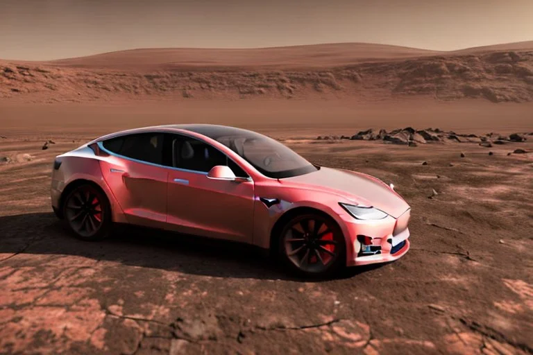 A Tesla 'Model Y' is drifting at high speeds, at the Cydonia region on Mars. (CINEMATIC, WIDE ANGLE LENS, PHOTO REAL)