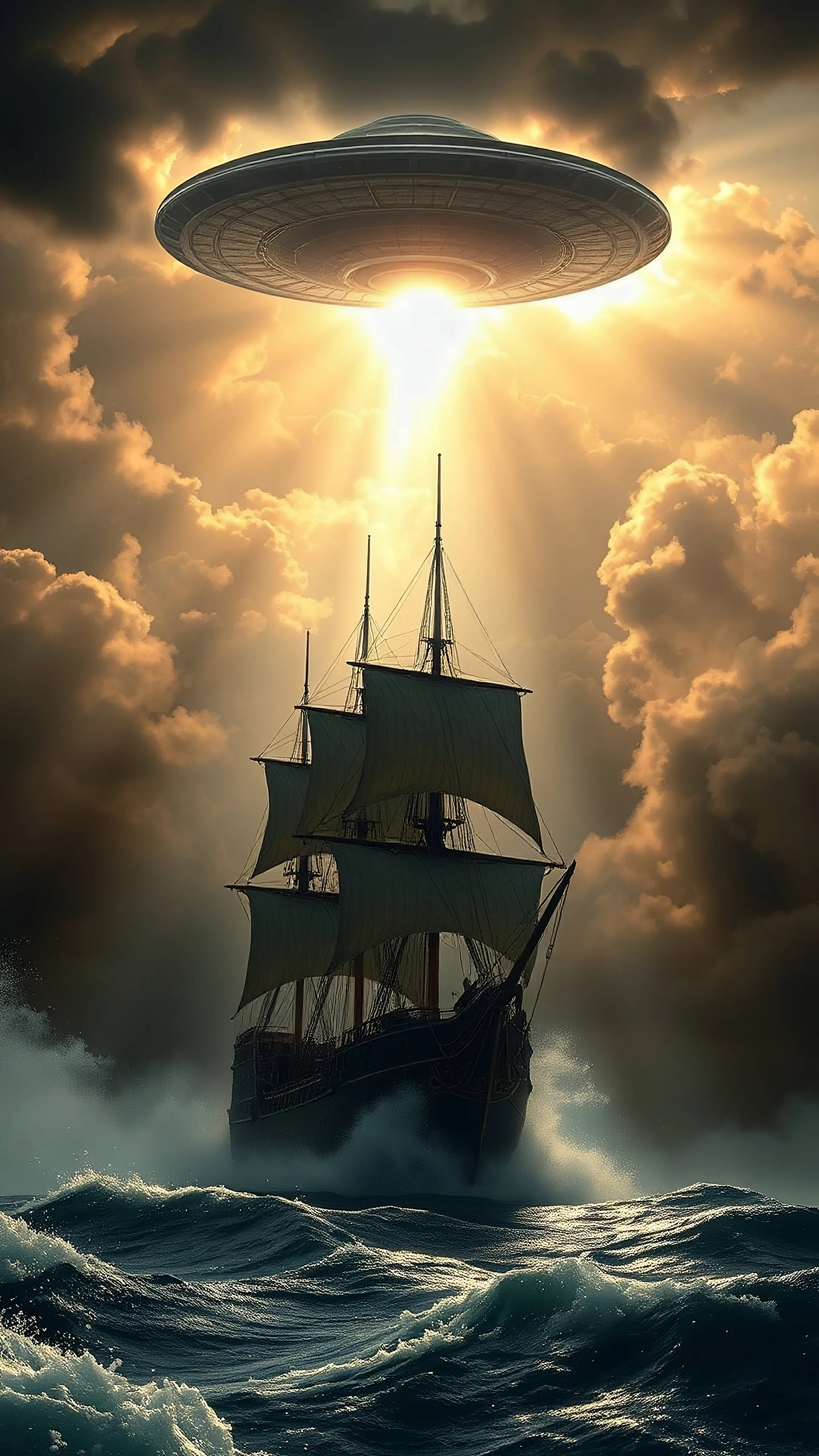 A ufo hovering above three pirate sailing ship emerges from the heart of a raging storm. Turbulent winds of steam swirl around the iconic structure, lit by shafts of sunlight that cast dramatic shadows on the A large UFO spacecraft hovering by over a pirate’s saling ship surrounding clouds. A storm rages and thunder lights up the dark sky,