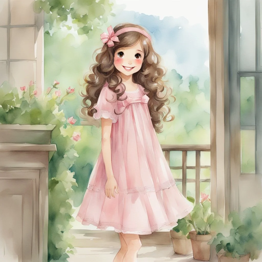 watercolor, full body, cute smile girl, curly hair, big eyes, long brown hair, pink dress, pink shoes