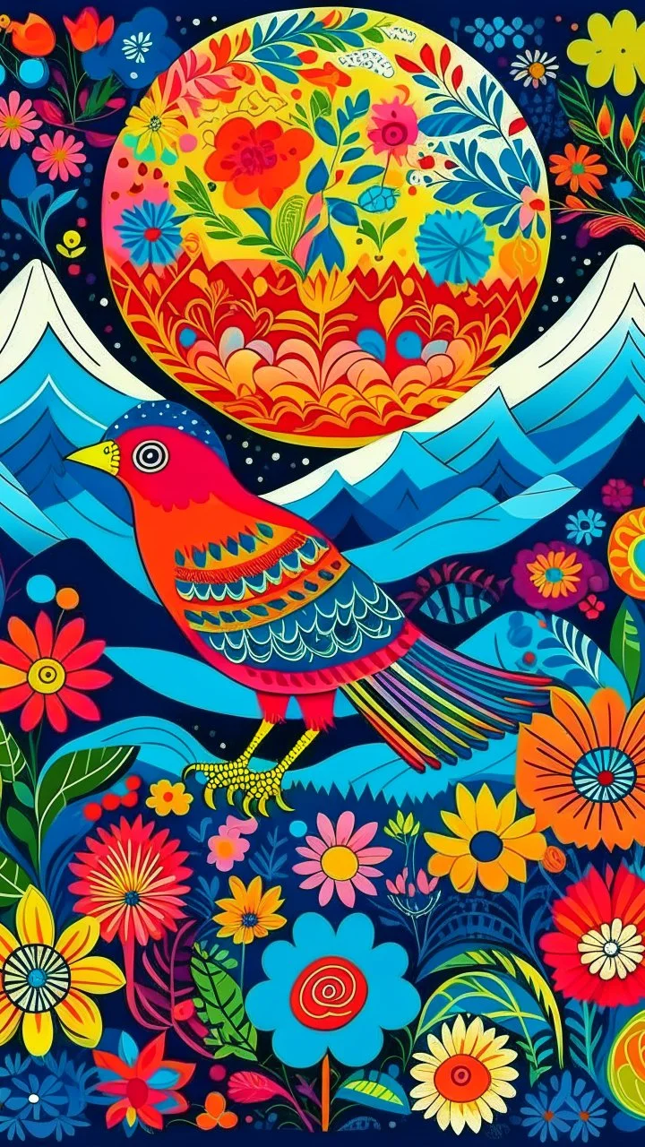 A Birds and Flowers, Kids can have fun the different patterns and designs on the body. Design with a bird standing in a grassy meadow with mountains. in the background." with bright and happy colors. and whimsical decorations. in vibrant hues