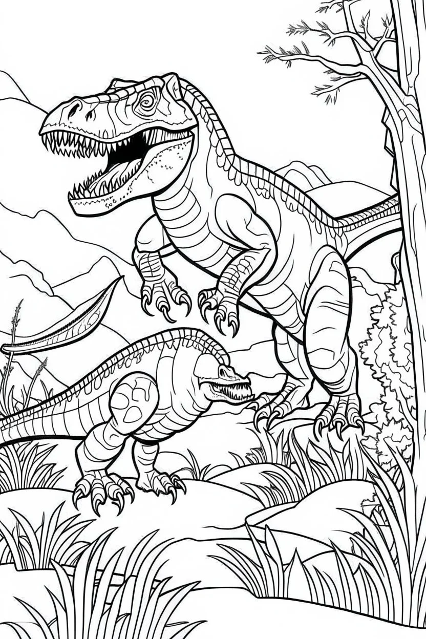 create a coloring page, white background Illustrate two young T-Rexes engaged in a roaring contest to establish dominance over their territory. Depict a T-Rex patrolling the borders of its territory, sniffing the air and surveying its surroundings for intruders. Kids can color the T-Rex amidst towering trees and dense vegetation.. ink drawing clipart, simple line illustrations, colored