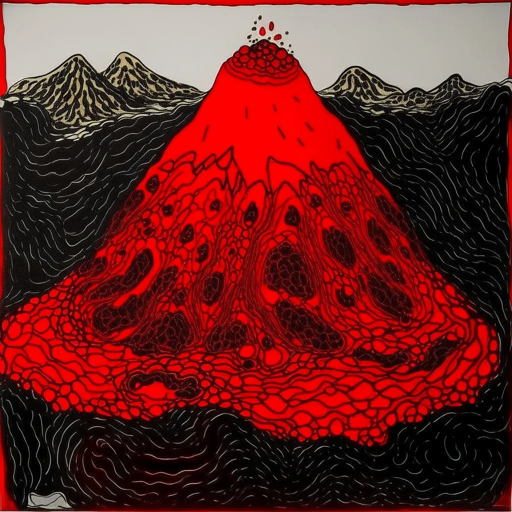 A red volcano near lava lakes painted by Jean Dubuffet