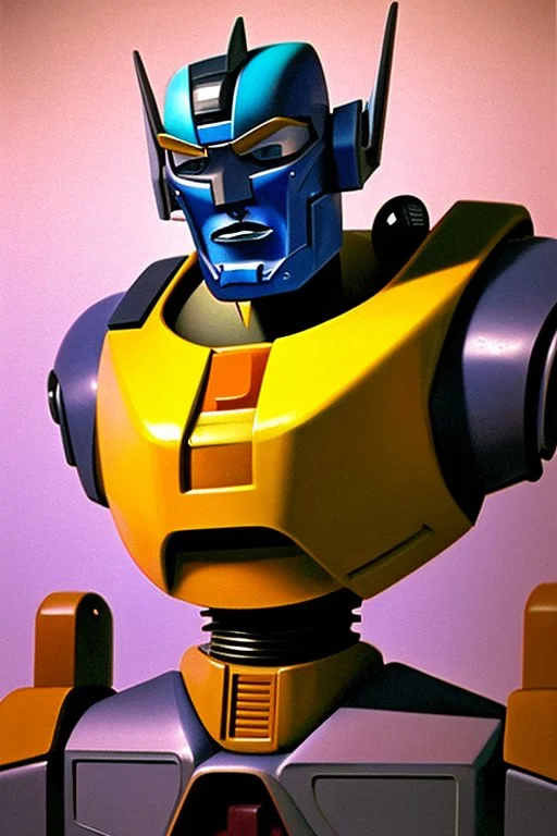 Fotoretrato de un transformer de 1980, debe ser algo decadente. Vibrante en colores, solo su cara es un retrato. Rounded autobot, optimus prime. Animé. Wasted drunk. Yellow, fun. Cosmos.