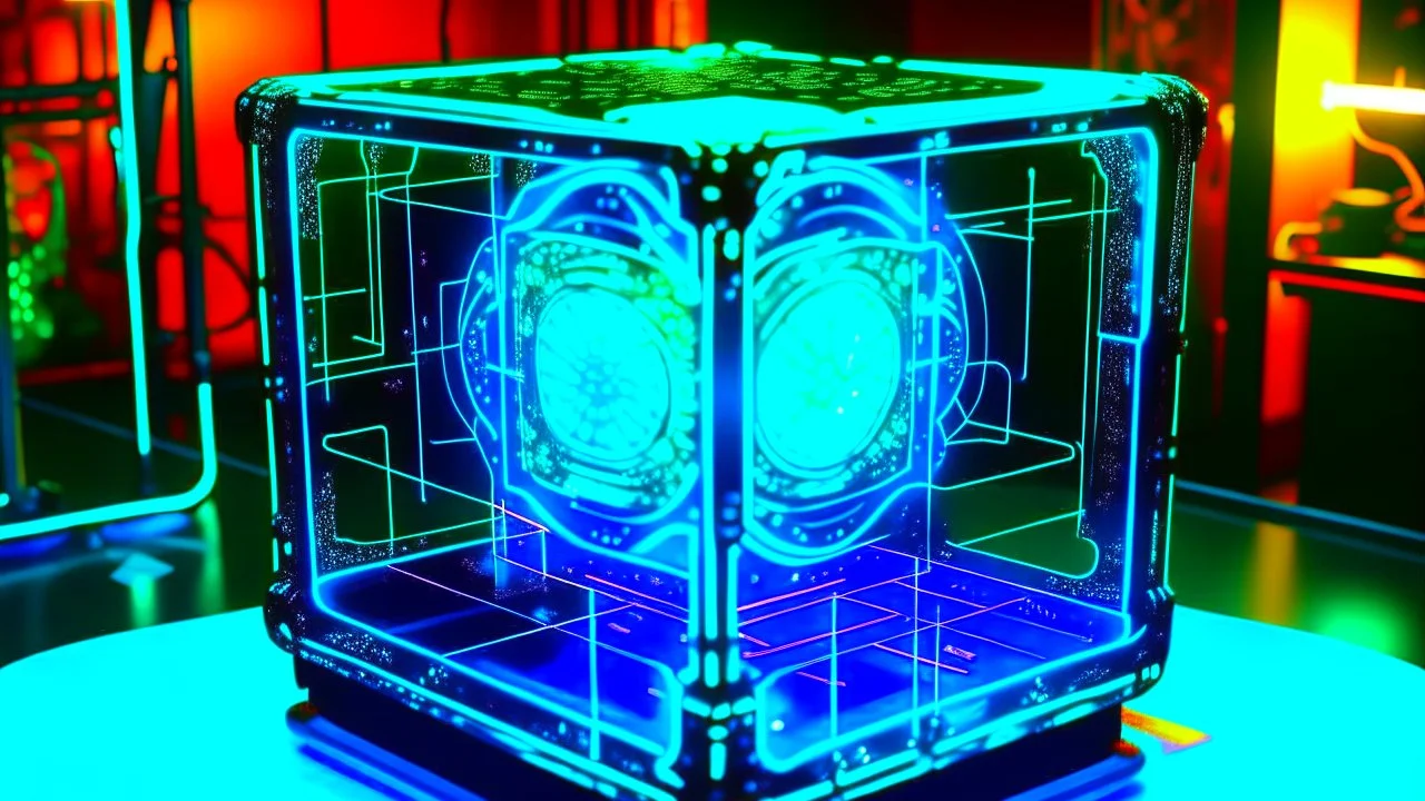 Cube tesseract from movie Loki. Tesseract should not be cropped. Located strictly in the middle of picture with navy blue/green glow inside tesseract. Without surface/table on which it stay.