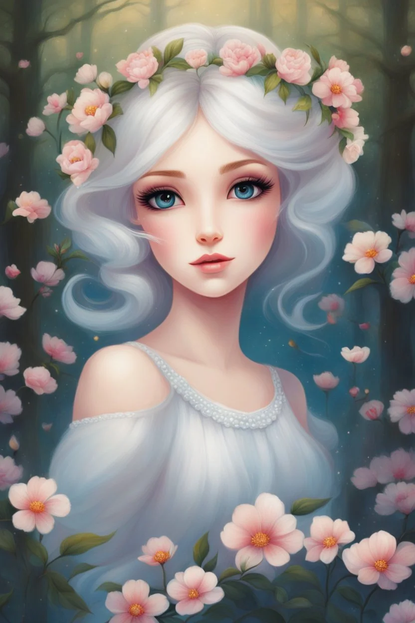 Painting of a beautiful girl, beautiful, flowers on her head, dress, young girl, digital painting, fantasy art, pretty face, inspired by Jeremiah Ketner, illustration, anime portrait, barbie face, big eyes, bright eyes, dream, trees, white background, dark night, song, white background, fantasy, high quality, 8k