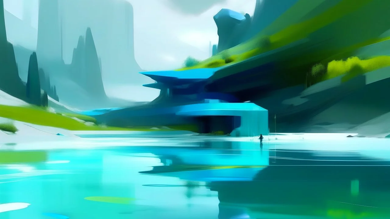 Futuristic and sustainable water and landscape. Style is ultra-abstract. Colors are blue, green and grey.