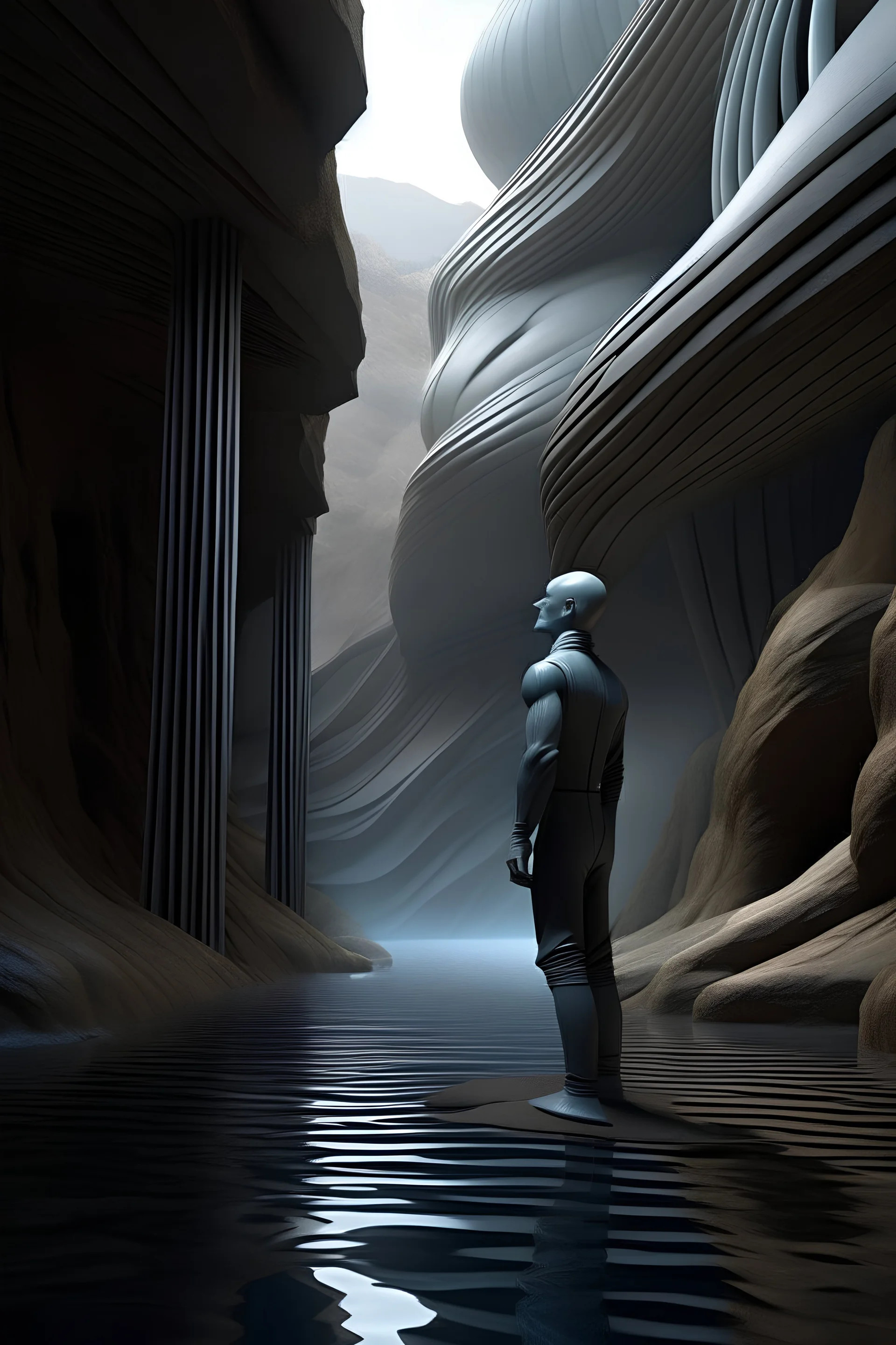 A photorealistic rendering of a mysterious figure in a surreal environment.