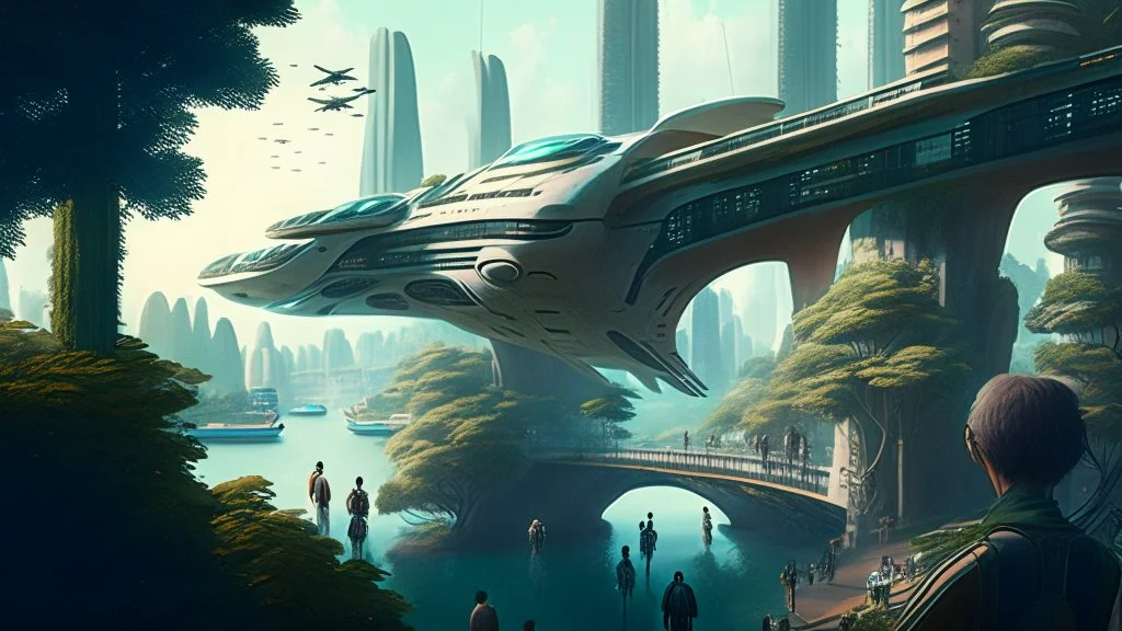 people watching a futuristic ship flying above a utopian city. bridges, roads, balconies, trees, dense foliage, river, pathways, detailed photorealistic