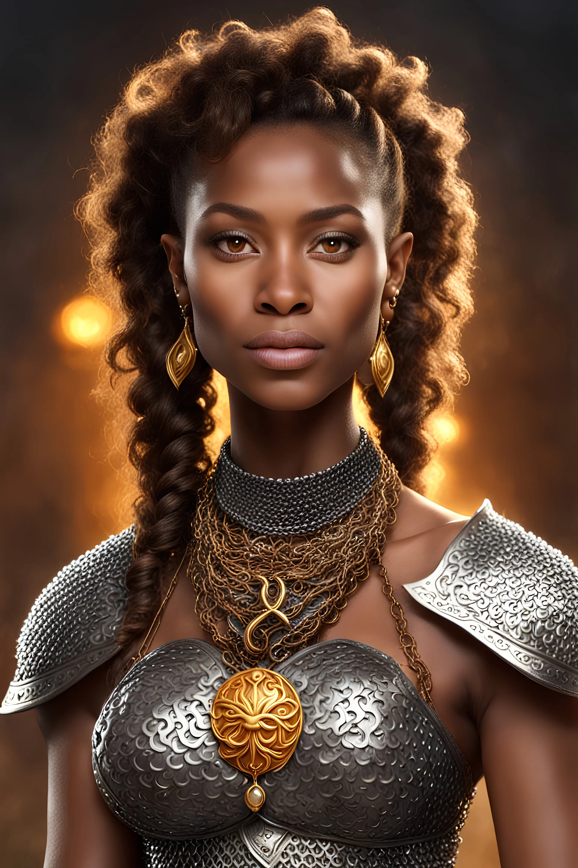 38 years old black woman, elf, brown color eyes, brown small puffy curly ponytail, wears chainmail, necklase with a symbol of sun, no earings