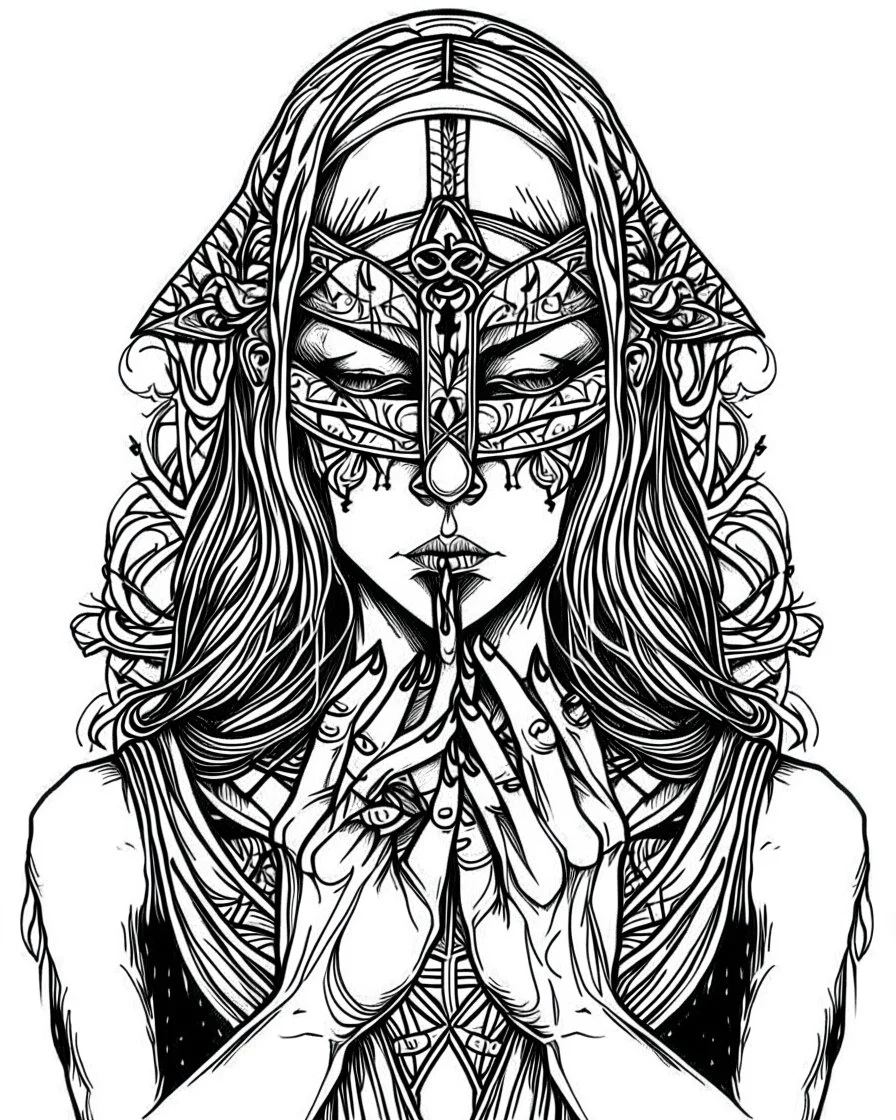 symetrical woman with blindfold tattoo, coloring book page, clean line art, adults drawing book, Black and white only, crisp black lines, sharp lines, coloring page for adults, black and white picture, lots of details, tattoo style,tattoo ideas, full body