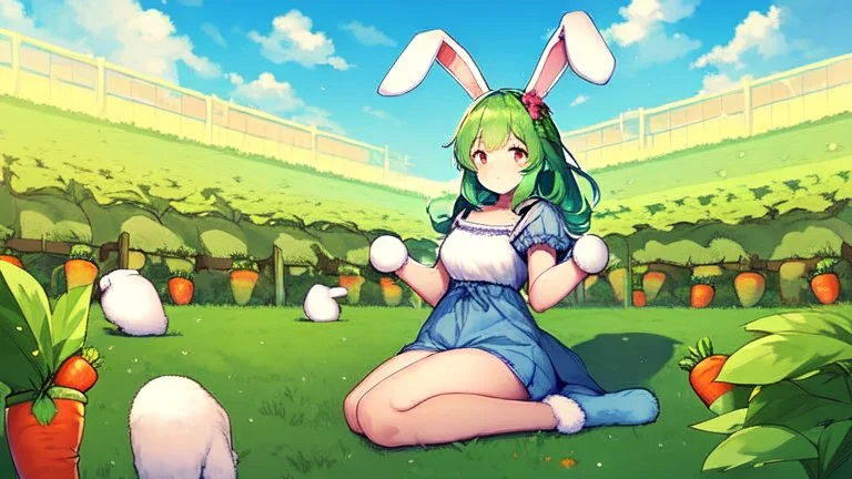 Girl, green hair,rabbit paws in hand, farm, sit, rabbit paws in feet, blushed, eat a carrot