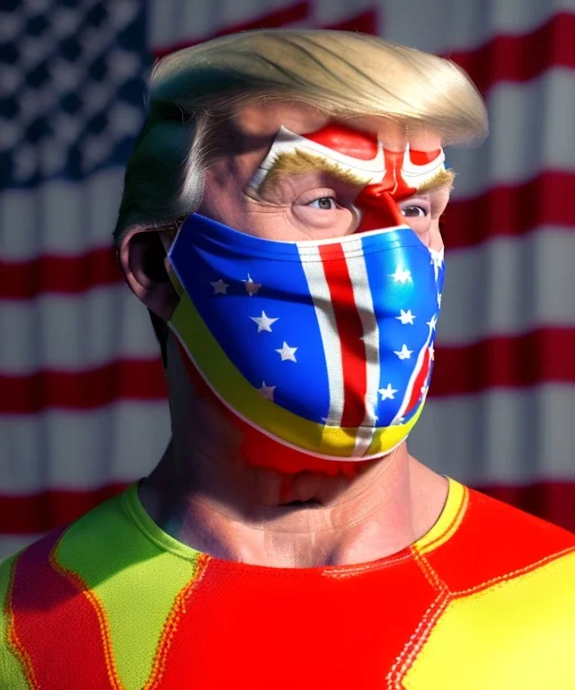 Realistic image of Donald trump wrestler, Mexican wrestling style, Mexican wrestling mask, chin and nose visibles, red and blue breeches, glow us flag dress, suspenders, cap, retro style, 80s, vibrant color, highly detailed, sky background, concept art, unreal engine 5, god rays, ray tracing, RTX, lumen lighting, ultra detail, volumetric lighting, 3d, finely drawn, high definition, high resolution.