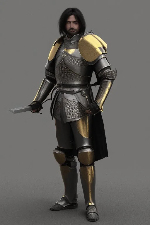 A handsome 30 year old knight, black hair, male bob haircut, in black-and-gold plate armor, golden katana in both hands, no beard, european