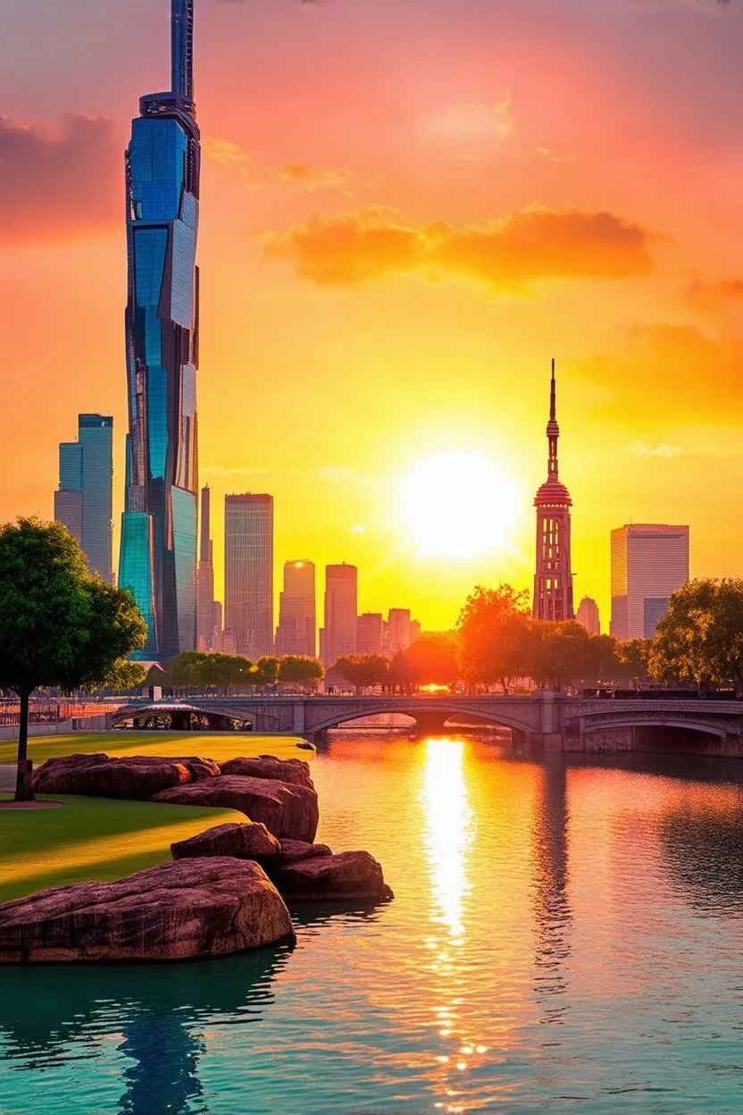 Amazing colorful sunset, buildings, lake, rocks, city, park, cyberpunk, sci-fi, photography hd