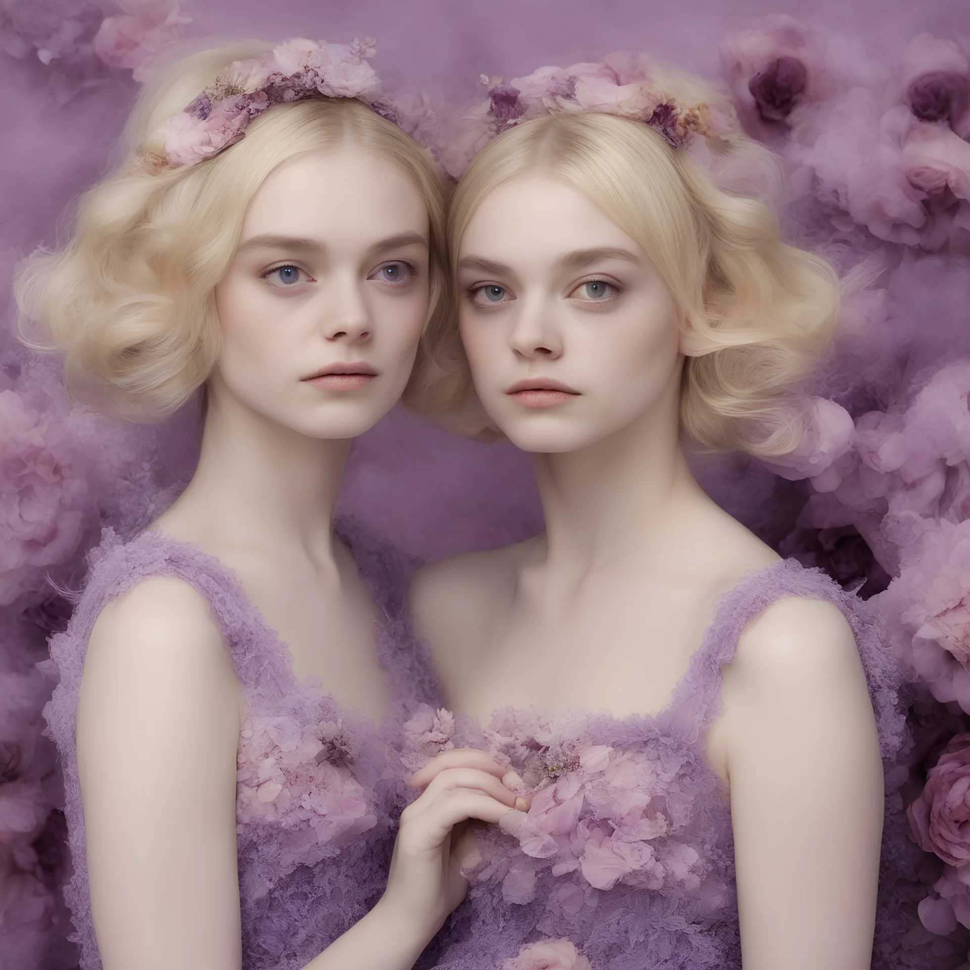 Elle fanning and dakota fanning , as flowers, purple, beehive hair
