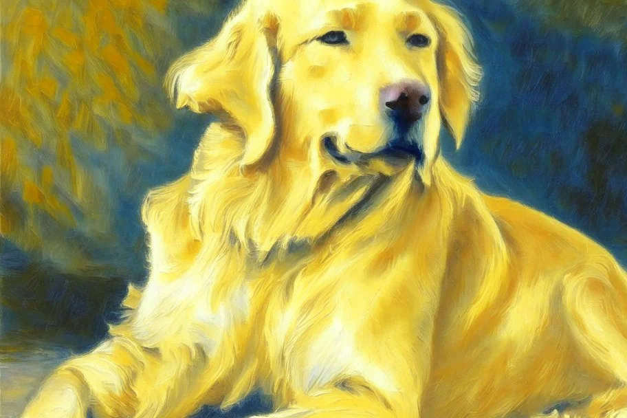 Golden retriever, impressionist oil on canvas by Paul Cézanne, 1887, broad brushstrokes, canvas relief