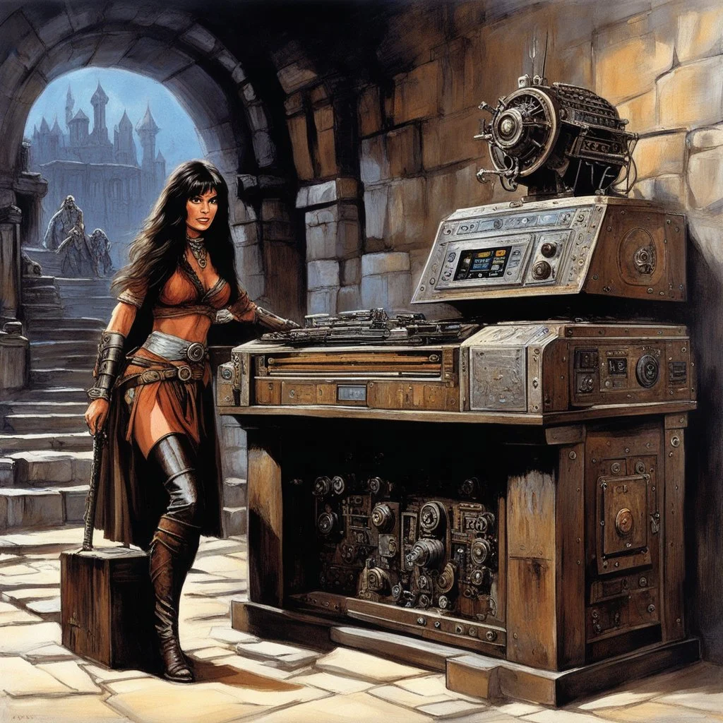 [art by Ray Harryhausen] a youthful Caroline Munro cautiously approaches the weathered and worn console, the most clever ordinateur in the universe. The once gleaming machine now bears the marks of time, covered in a layer of rust and dust that speaks of ages past. Despite its aged appearance, the user is granted access to a realm of knowledge and possibilities beyond her wildest dreams. The power and intelligence contained within this ancient ordinateur are shrouded in mystery, its mechanisms