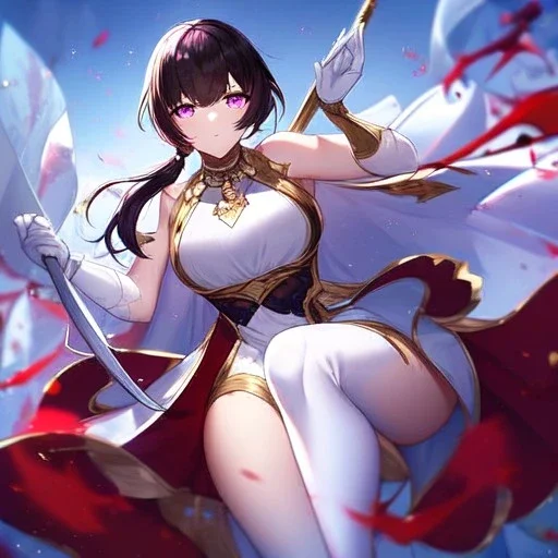 Clear focus, High resolution, Black red faded hair, low small ponytail, purple dead glowing eyes, white detailed split skirt, purple and white detailed sleeveless shirt up to neck, white gloves up to elbow, holding sword, gold necklace, white thigh high boots, zoomed out, (solo)