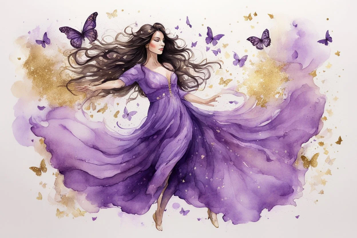 Dynamically dancing long haired brunette woman, in lilac, butterflies, watercolor and ink, golden glitters