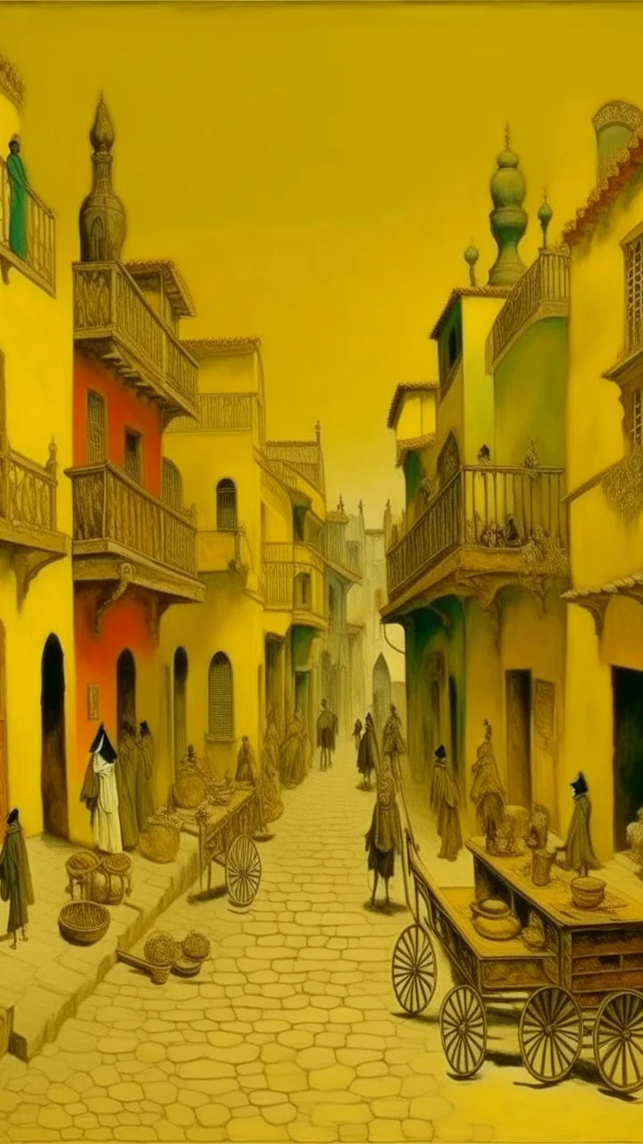 A golden yellow Mexican town with musical instruments painted by John Atkinson Grimshaw