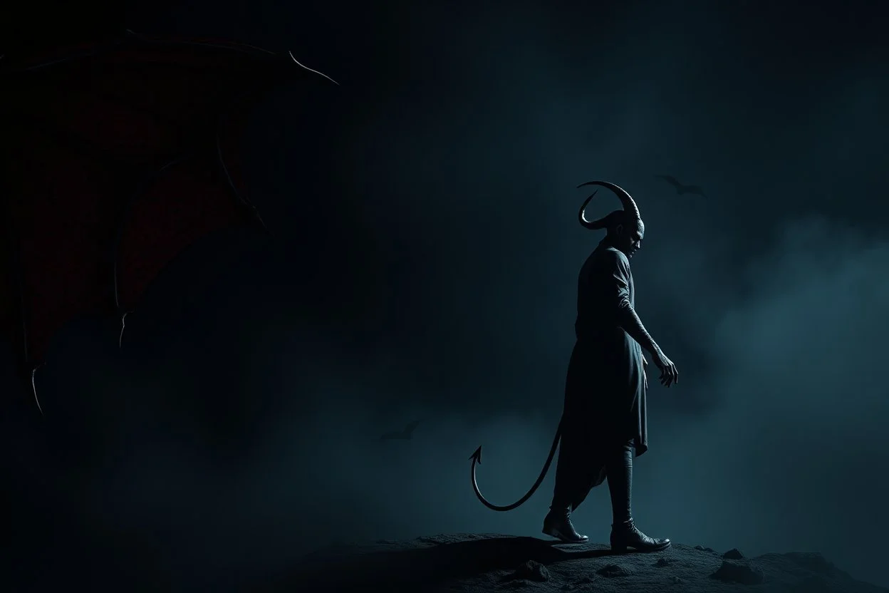 a sinister devil standing facing right