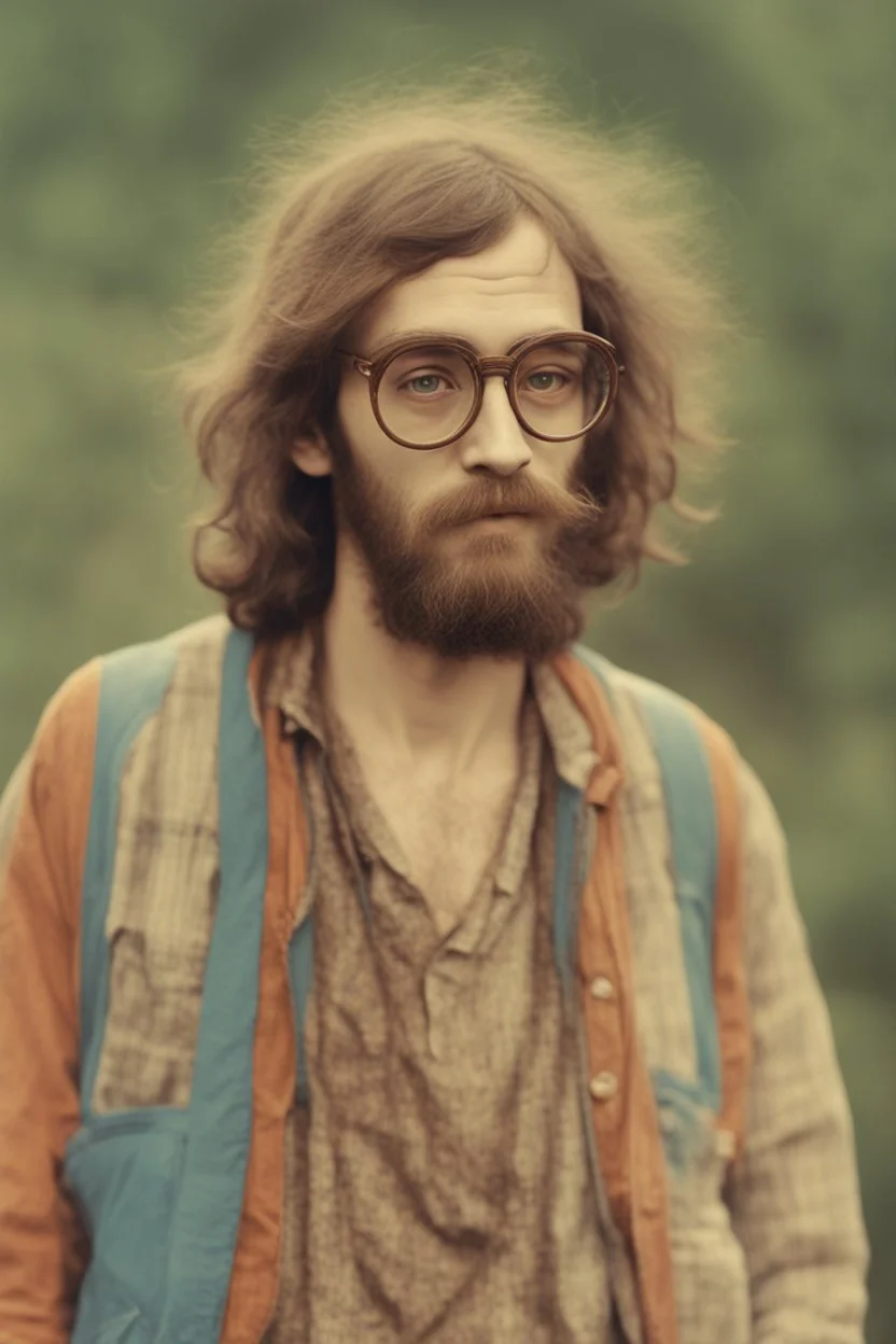 Hippie bohemian young ugly man with Parisian bohemian look and glasses of colours and poor and short short short and poor hair on the head with receding hairline. Farsightedness glasses with big eyes. Long beard. Vintage look and feel like photo styleof the 70s