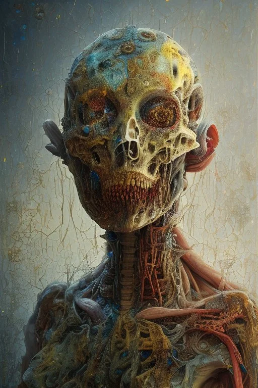 Hyperrealistic melting horror, high resolution, very detailed, volumetric light, fine art, decaying, textured oil over canvas, very colorful, ornate, Max Ernst