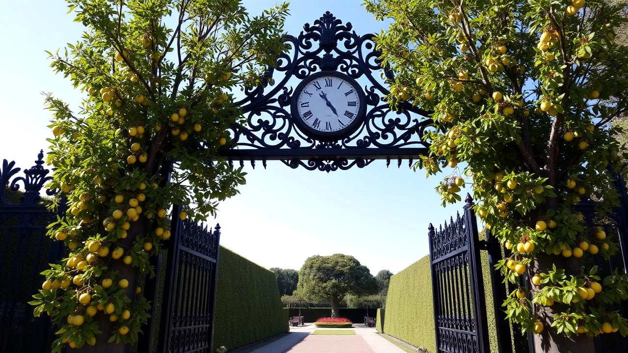 The image is of an ornate gate with a large clock hanging above it. The gate is made of black metal and has intricate designs and patterns on it. On either side of the gate, there are tall trees with green leaves and yellow fruits hanging from their branches. The trees are arranged in a symmetrical pattern, creating a sense of balance and harmony. In the background, there is a pathway leading to a garden with a tree in the distance. The sky is blue and the overall mood of the image is peaceful a