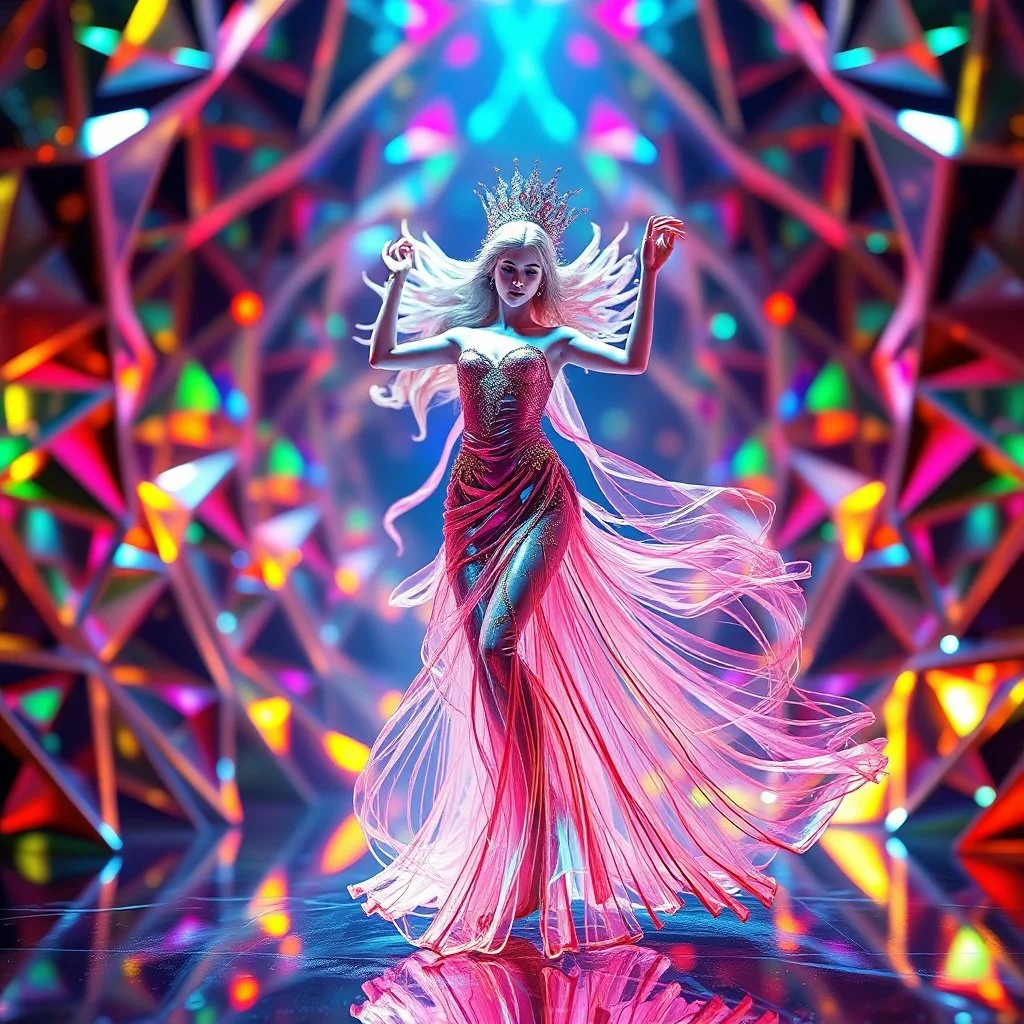A goddess of love in a cleric dress dances in a vibrant, vibrating, color-rich 3D environment of metallic and crystal recursive geometric structures and an evolving ,Creative light art, blurred bokeh effect,