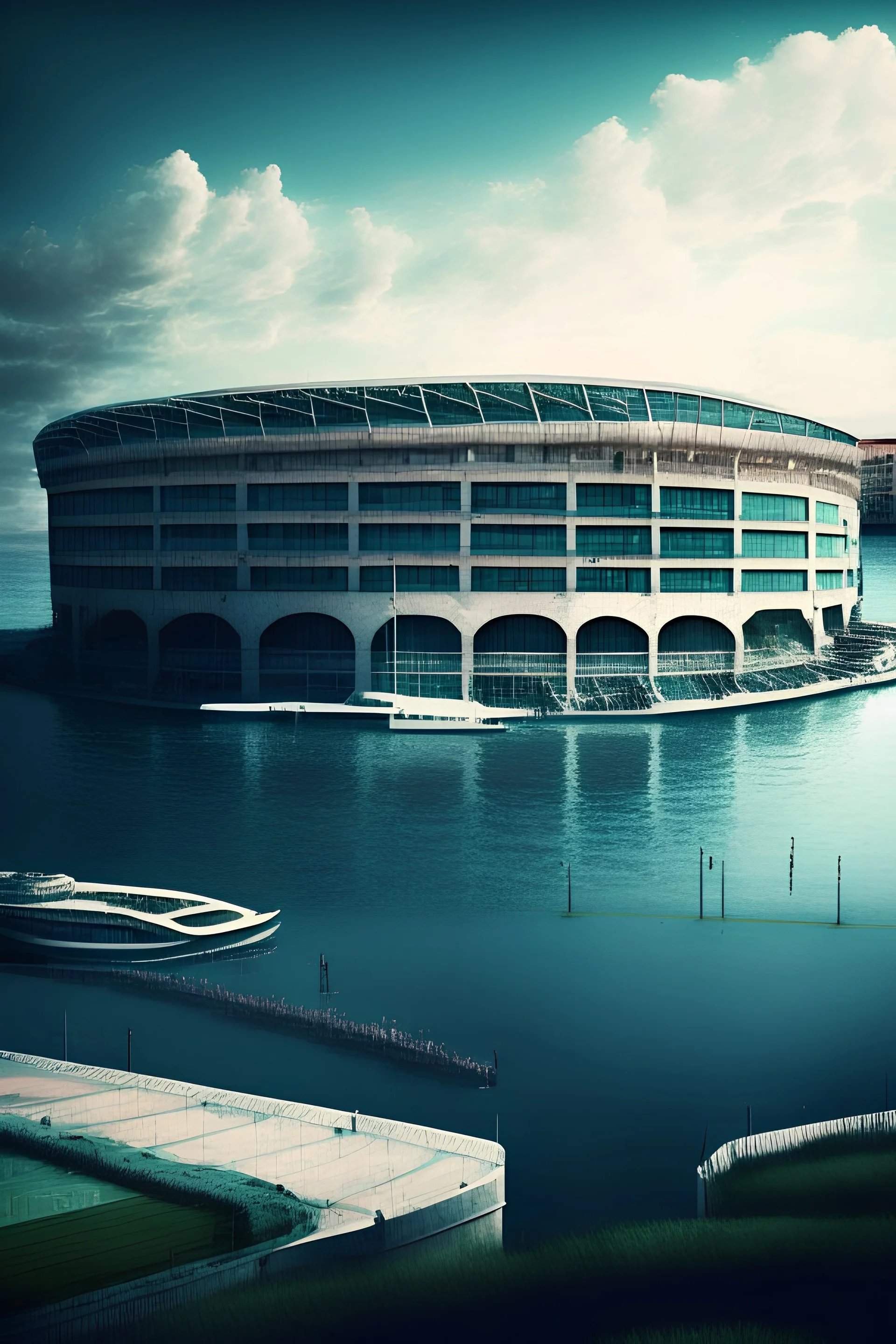 An Italian football stadium in a waterside setting