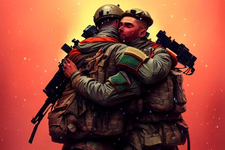 "close up on modern soldier hug each other in a beautiful Christmas house,fireplaceChristmas tree,gift,Christmas gift, Christmas decorations,Christmas tree" 8k resolution concept art by Greg Rutkowski dynamic lighting hyperdetailed intricately detailed Splash art trending on Artstation triadic colors Unreal Engine 5 volumetric lighting Alphonse Mucha WLOP Jordan Grimmer orange and teal"