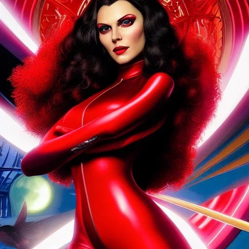 ultra detailed fullbody portrait of Wanda Maximoff, wearing skintight Red costume, extremely detailed digital painting, intrincate, extremely detailed smiling face,crystal clear Big Green eyes, in the style of Adam Hughes , mystical colors , perfectly centered image, perfect composition, rim light, beautiful lighting,8k, stunning scene, raytracing