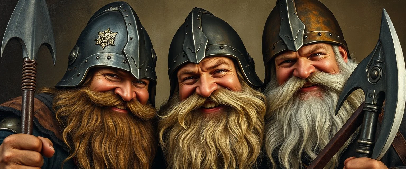 pin hole cam, master oil painting by Rembrandt, family portrait of smiling bad ass warrior clad muscle sturdy buildt deep rock metal towering dwarves in gritty metal helmets and in fine clothes and with ice picks laughing