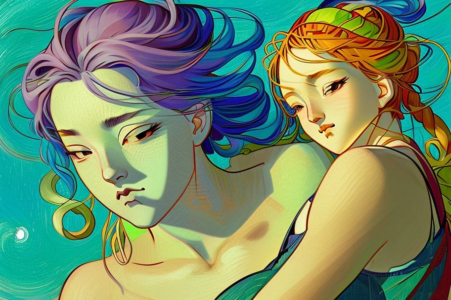 colourful digital painting of beautiful aphrodite full body embracing old man in bedroom, in the style of hokusai and van gogh