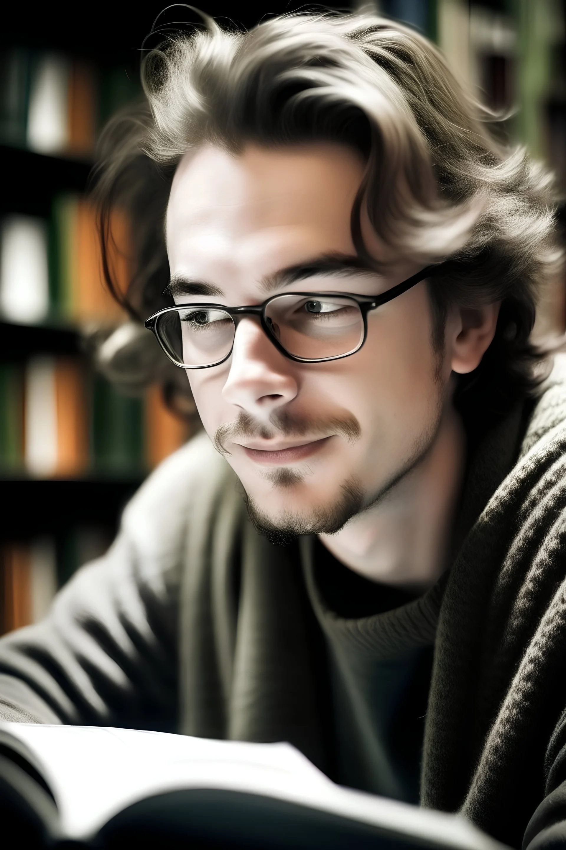 teenager without facial hair, reading a book, eyes looking ahead, in a library, smiling, warm atmosphere, blurred background, young, happy，really young, a boy, colourful picture, you can feel the love, younger enough, have no facial hair at all, big smile