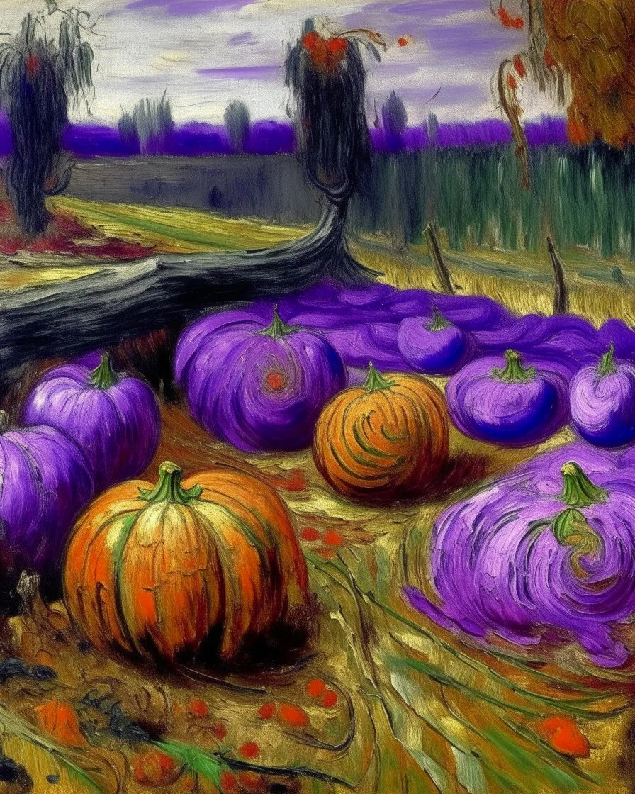 A purple swamp with rotten pumpkins painted by Claude Monet