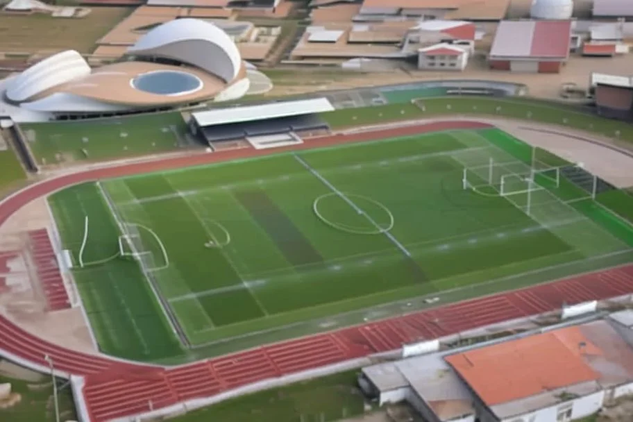 Cândido de Oliveira" Football Stadium, an aerial photograph taken by a drone in a futuristic landscape in an abandoned Alentejo village with white neon light, Shot on Canon EOS R5, 50mm lens, depth of field, shutter speed 1/ 1000, f/ 2. 8, white balance, 6000k. High resolution, realistic details, HDR efects, film grain, 4K. –ar 16: 10 –