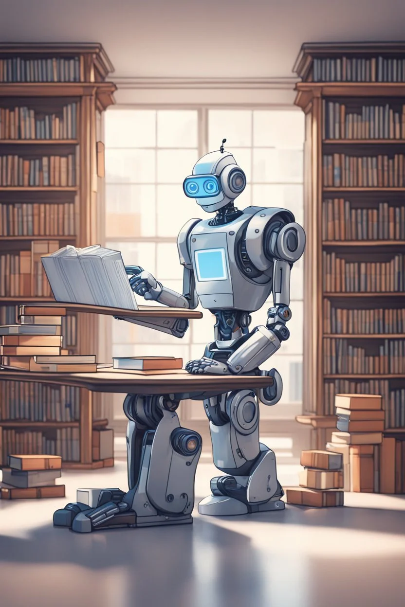 The library is serviced by computers, and there are many books on the shelves. The robot sits at the table and searches for books in the catalog in the computer Expression. High-quality drawing, 8K