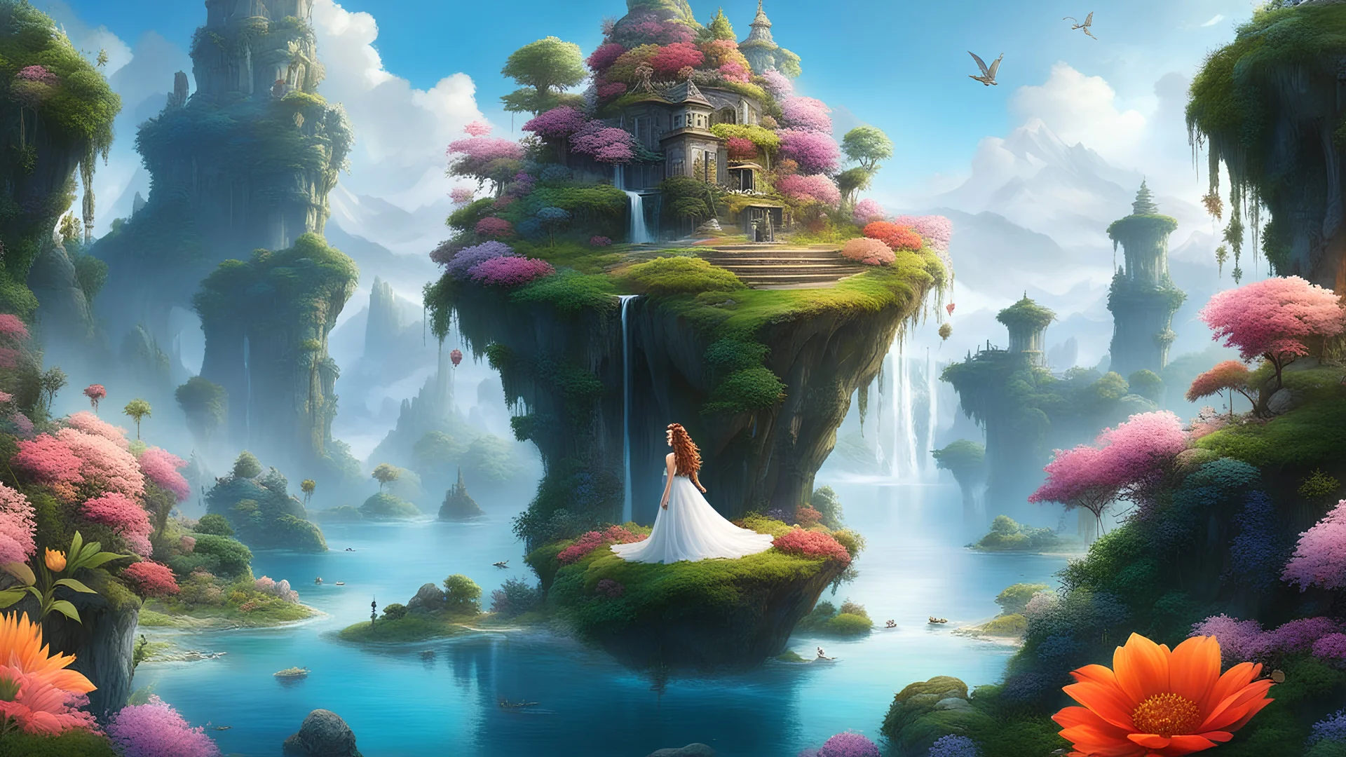 (high quality:1.4), (best quality:1.4), (masterpiece:1.4), official art, official wallpaper, surreal, beautifulgoddess, (1woman:1.1), (long wavy hair:1.1), (flower crown:1.1), (mystical creatures:1.1), (floating islands:1.1), (detailed landscape:1.1), (magic in the air:1.1), (stardust:1.1), night sky, (whimsical atmosphere:1.1), (dreamlike world:1.1), (bubbles:1.1), flying books, (luna moths:1.1), (moonlight:1.1), enchanted forest, (wisdom:1.1), (powerful energy:1.1), (guardian angels:1.1)