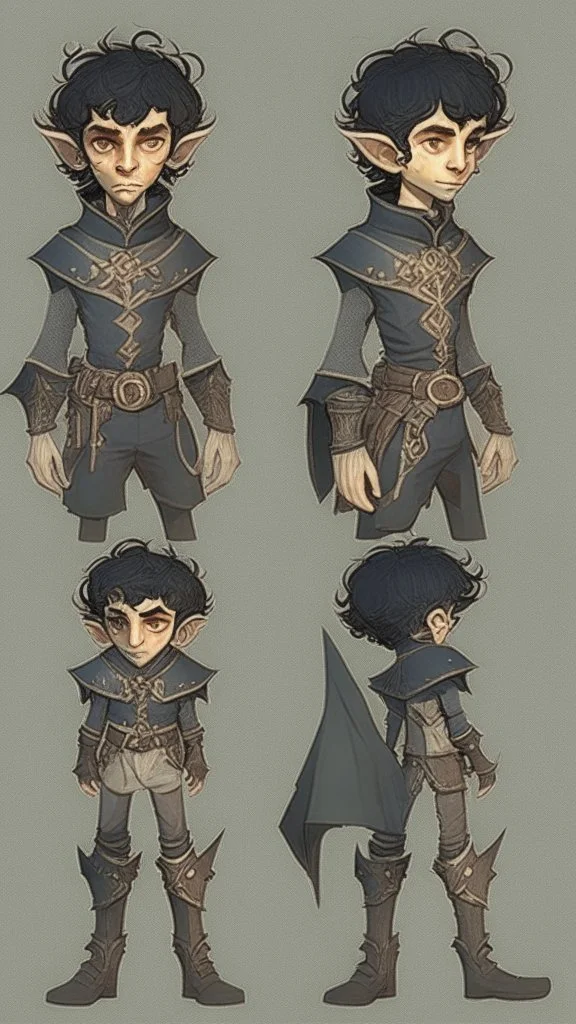 turnaround character of a boy elf, he has curly, black hair and sharp cheekbones. His eyes are black. pale skin. He wears fantasy medieval clothes. full body with boots