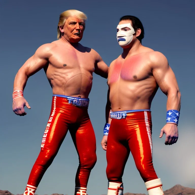 Realistic image of Donald trump wrestler, Mexican wrestling style, Mexican wrestling eyes mask, red and blue breeches, glow confederate flag dress, suspenders, retro style, 80s, vibrant color, highly detailed, sky background, concept art, unreal engine 5, god rays, ray tracing, RTX, lumen lighting, ultra detail, volumetric lighting, 3d, finely drawn, high definition, high resolution.