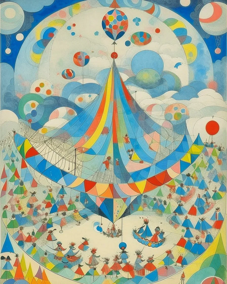 A light grayish blue circus in a bubbly sky designed in German folk art painted by Wassily Kandinsky