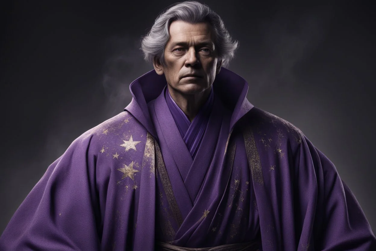 Его фирменный стиль — пурпурная мантия, богато украшенная звездами и символами, но часто запачканная сажей, пятнами от зелий или порванная после очередного взрыва. Под ней — более простые одежды темных тонов.