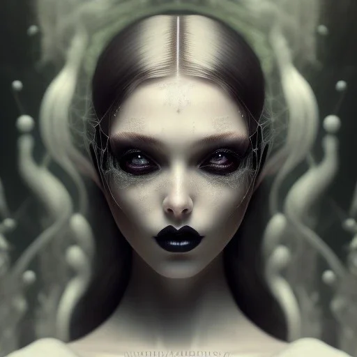 beautiful gothic woman with thick white spiderwebs on face, dark, runny mascara, 8k, high-quality, fine-detail, black hair, intricate, sharp, crisp, digital art, detailed matte, illustration, octane render, brian froud, howard lyon, Anne Dittman, Anne Stokes, Lisa Parker, Selina French