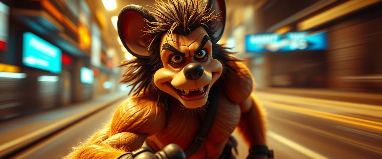 hi speed bad ass cyber punk masculine realistic mickey mouse rambo humanoid with hairy arms and chest, motion blurred background